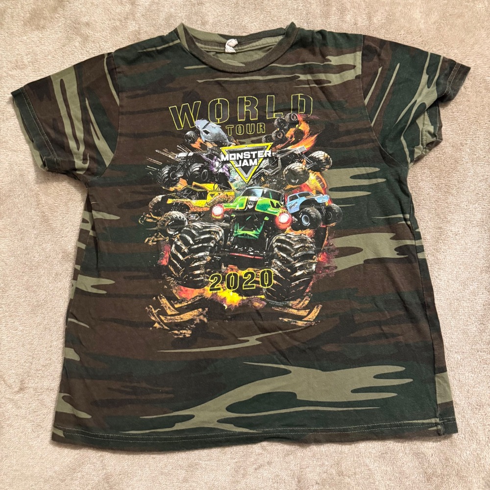 Monster Jam World Tour 2020 Kids Camo Graphic T-Shirt Grave Digger Megalodon